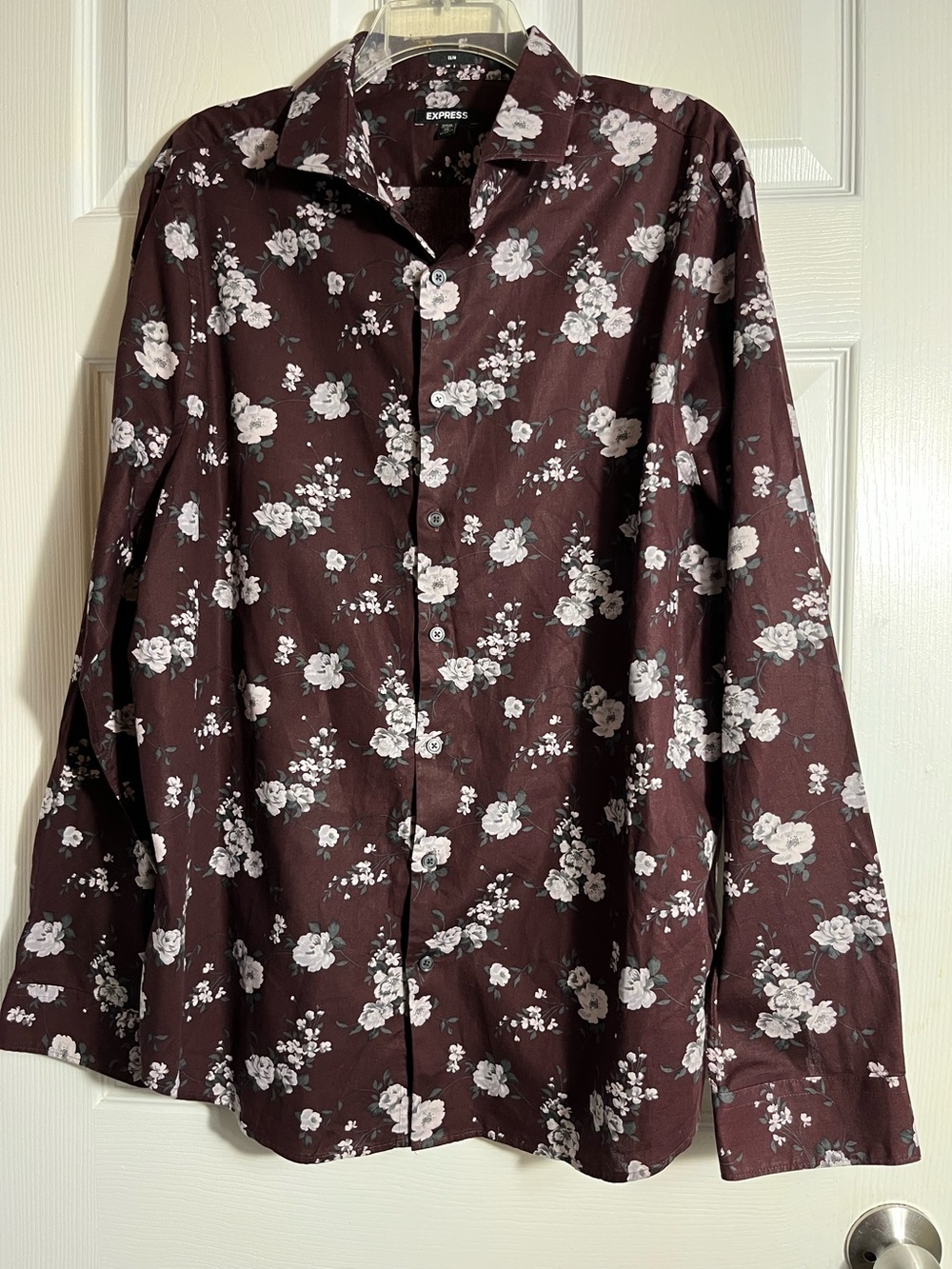 Express Men's Floral Button-Up Shirt - Burgundy with White Flowers